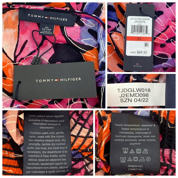 Tommy Hilfiger NWT Leaf Print Flutter Sleeve Smock Waist Blouse, XS - Picture 16 of 16